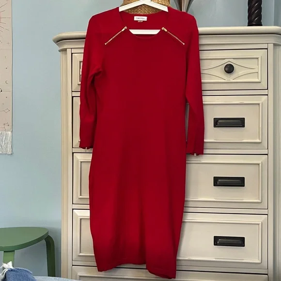 Calvin Klein Womens Red Zippered Long Sleeve Bodycon Knit Dress - Size M